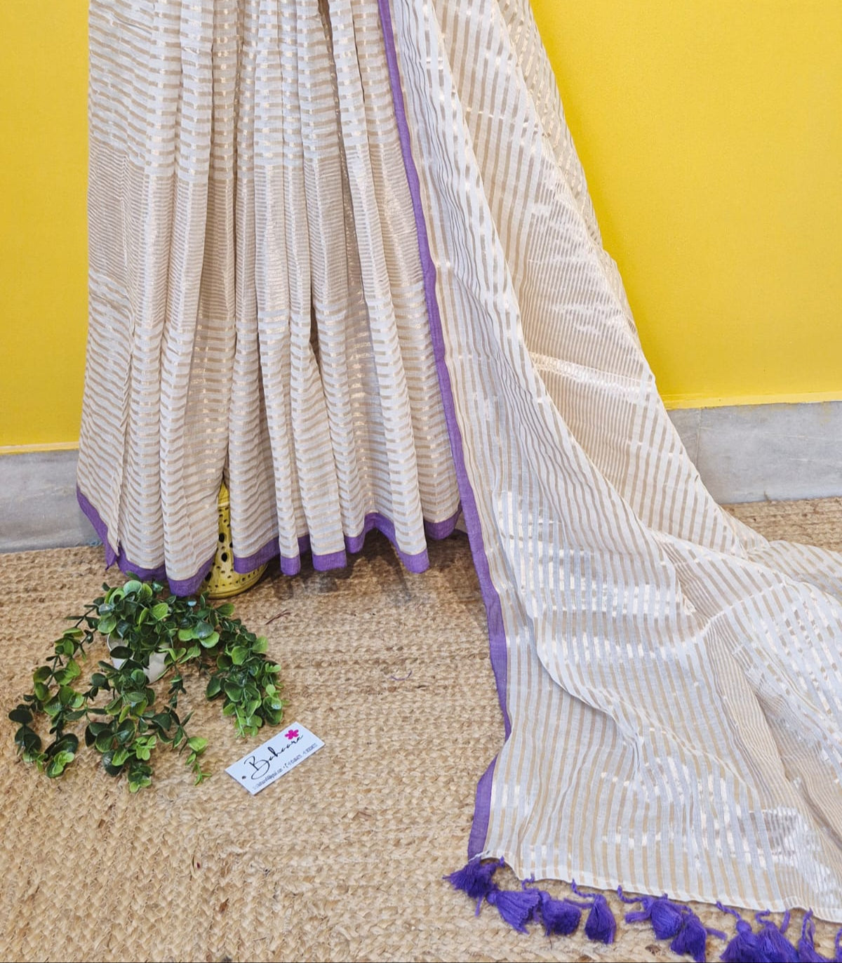 Noor | Cosmic Latte Mul Mul Cotton Saree with Golden Zari Stripe