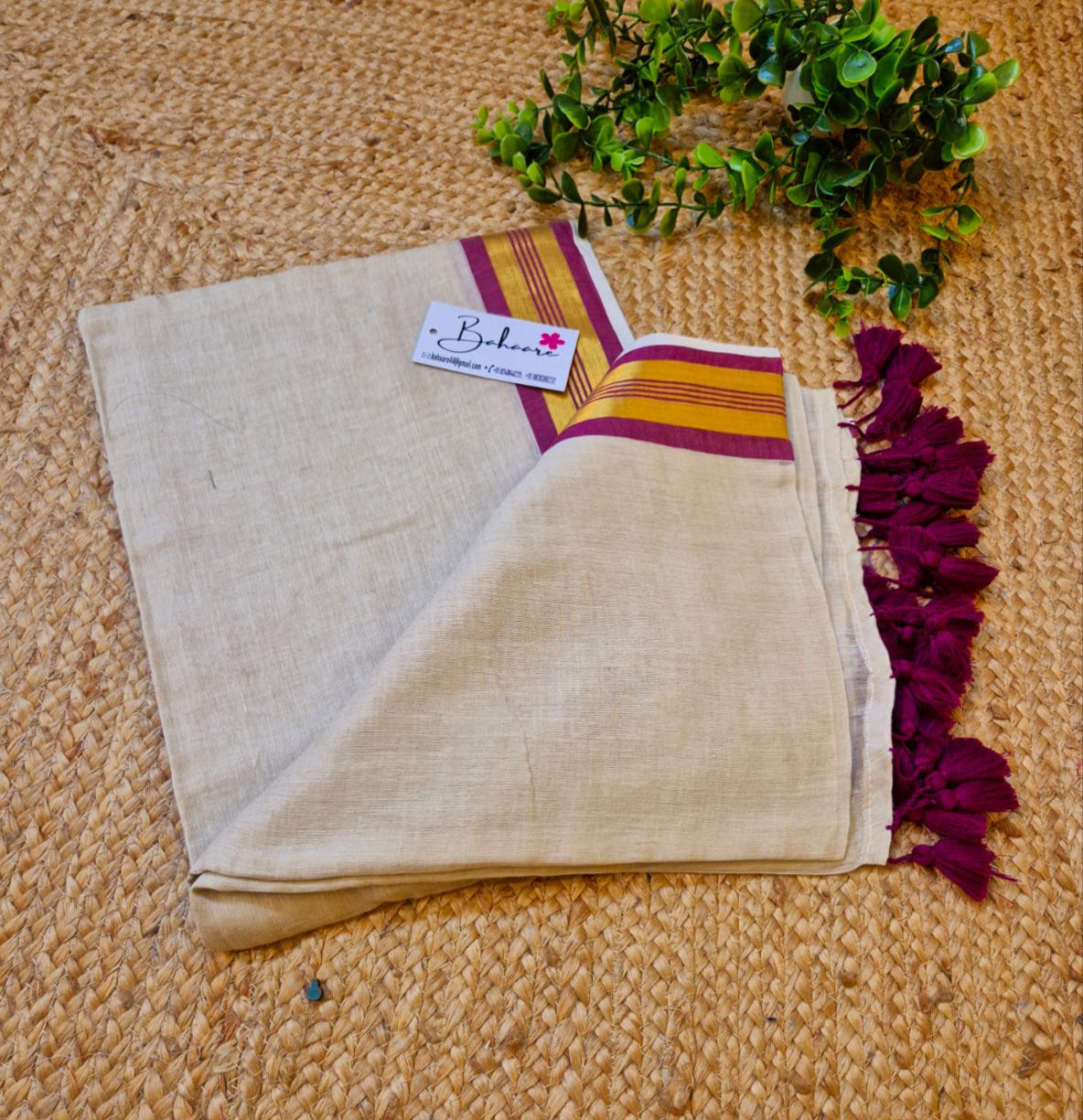 Noor | Pastel Beige Mul Mul Cotton Saree with Golden Zari Border
