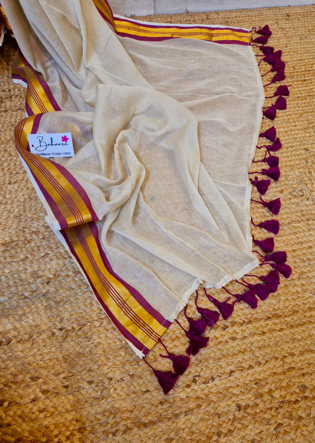 Noor | Pastel Beige Mul Mul Cotton Saree with Golden Zari Border