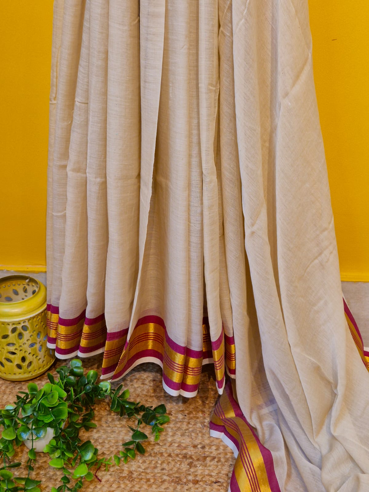 Noor | Pastel Beige Mul Mul Cotton Saree with Golden Zari Border