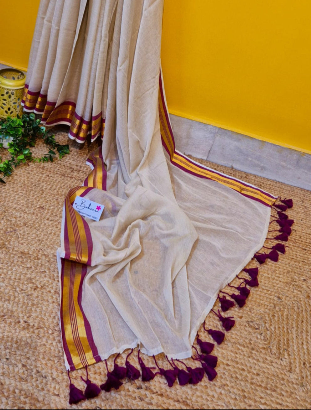 Noor | Pastel Beige Mul Mul Cotton Saree with Golden Zari Border