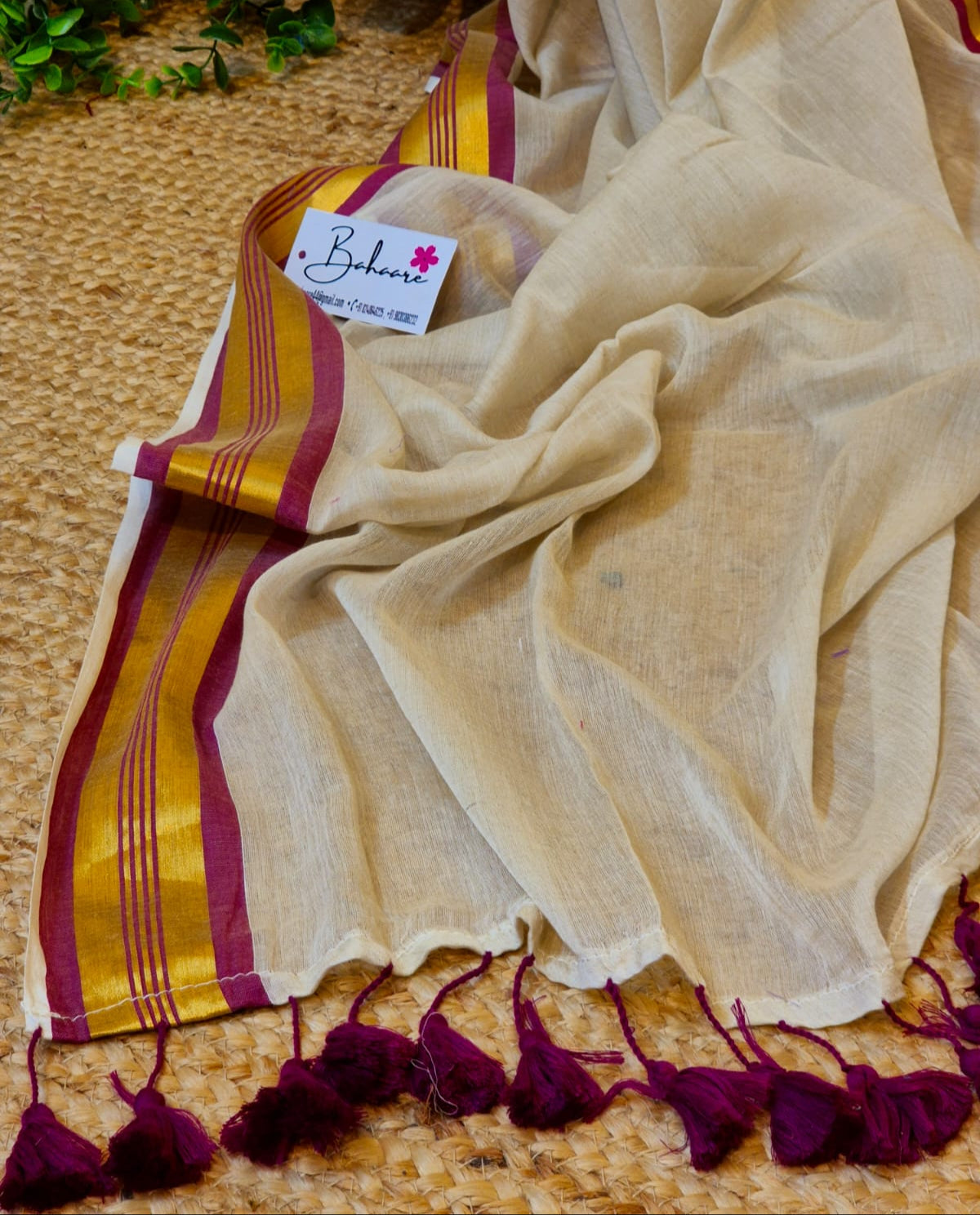 Noor | Pastel Beige Mul Mul Cotton Saree with Golden Zari Border