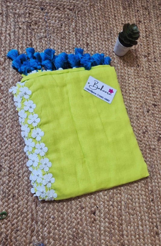 Mohini | Neon Green Mul Mul Cotton Saree with Pearl Lace