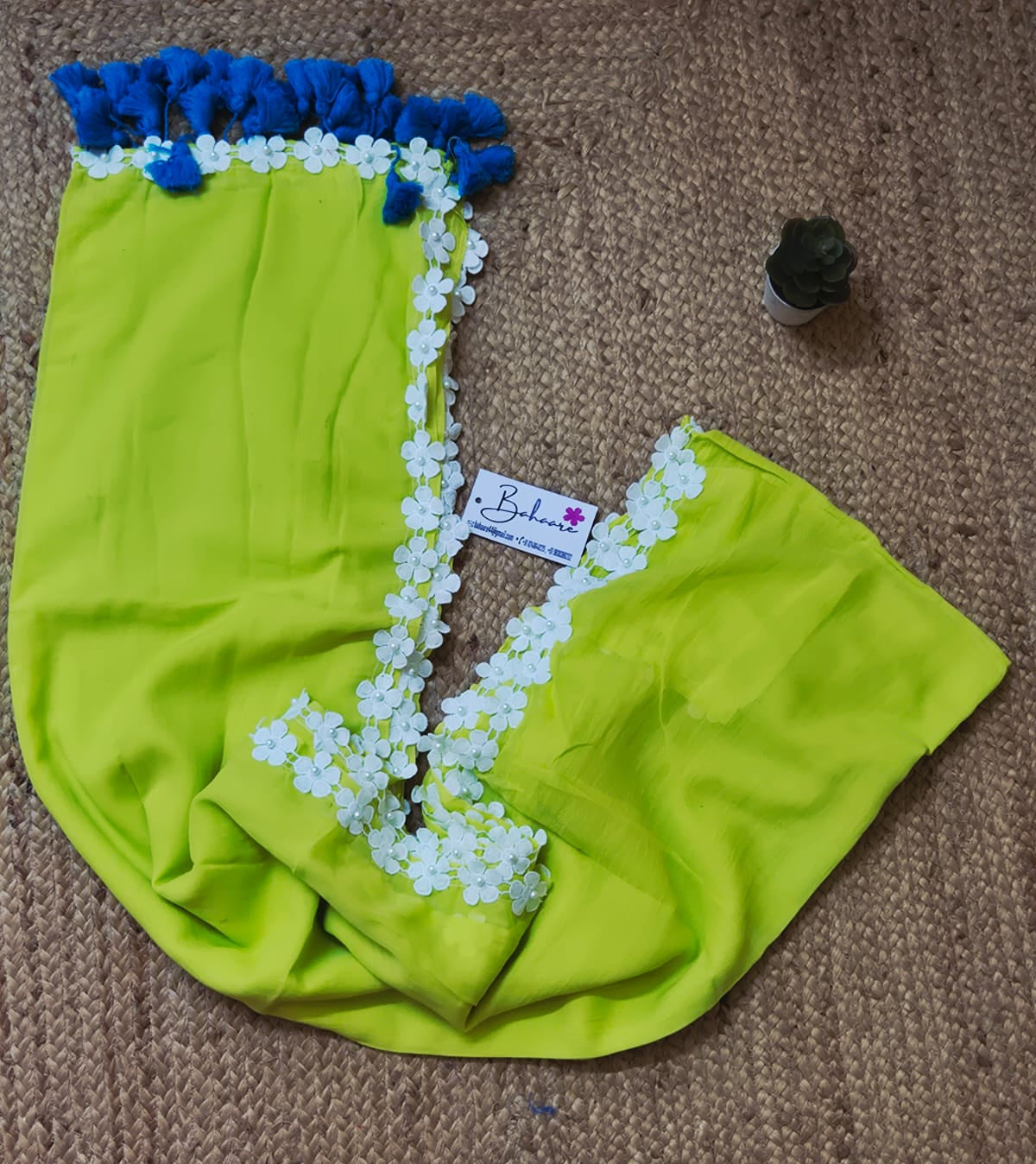 Mohini | Neon Green Mul Mul Cotton Saree with Pearl Lace