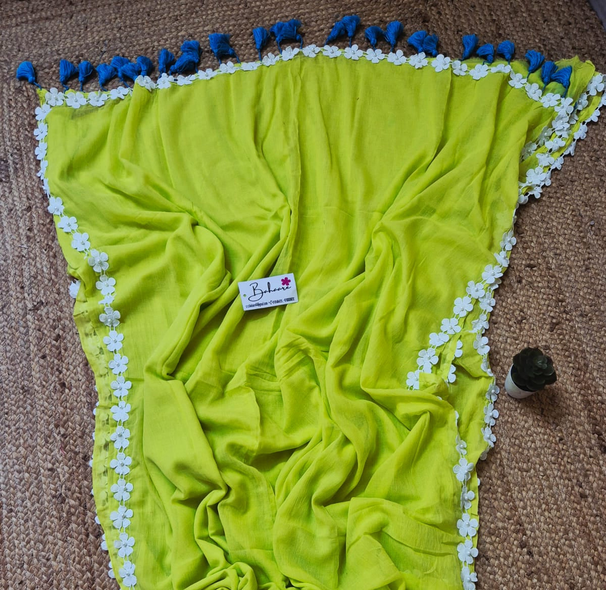 Mohini | Neon Green Mul Mul Cotton Saree with Pearl Lace