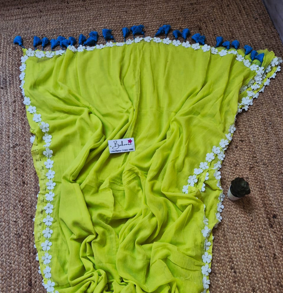 Mohini | Neon Green Mul Mul Cotton Saree with Pearl Lace