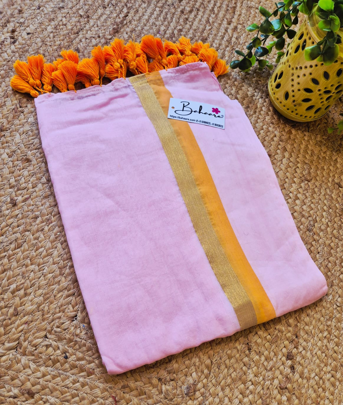 Noor | Blush Pink Mul Mul Cotton Saree with Golden Zari Border