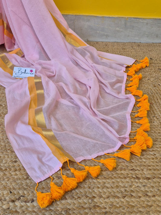 Noor | Blush Pink Mul Mul Cotton Saree with Golden Zari Border
