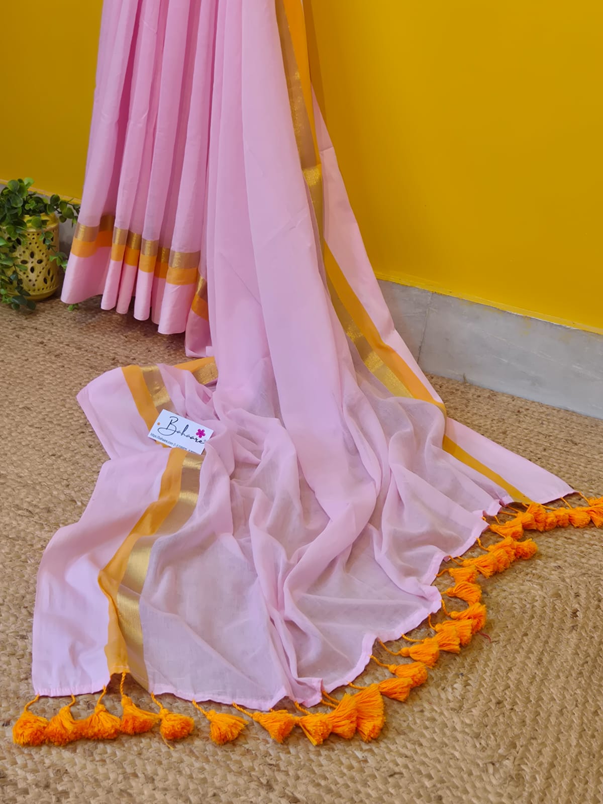 Noor | Blush Pink Mul Mul Cotton Saree with Golden Zari Border