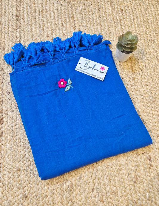 Mohini | Cobalt Blue Mul Mul Cotton Saree with Hand Embroidery