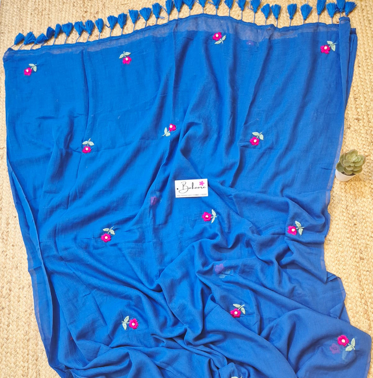 Mohini | Cobalt Blue Mul Mul Cotton Saree with Hand Embroidery
