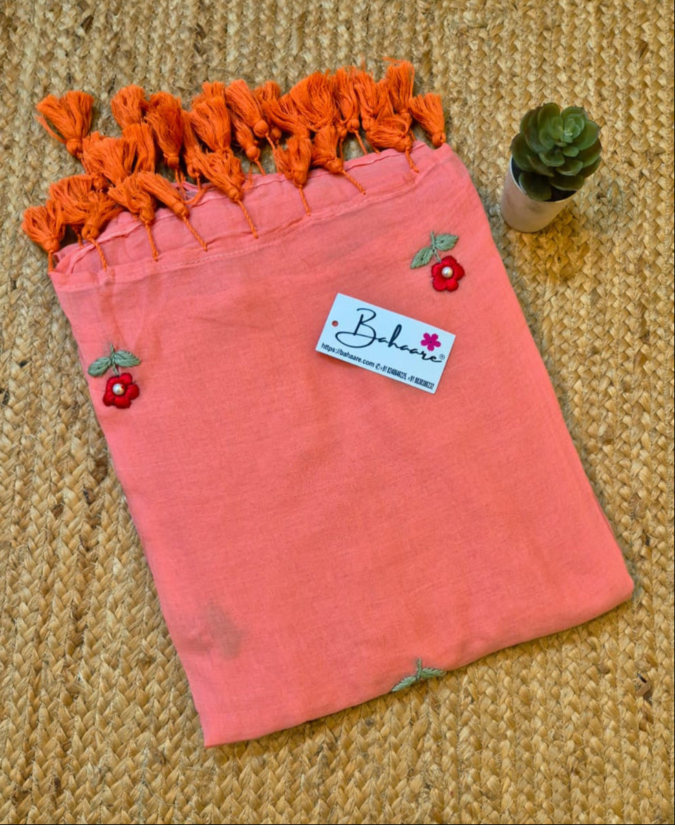 Mohini | Peachy Coral Mul Mul Cotton Saree with Hand Embroidery