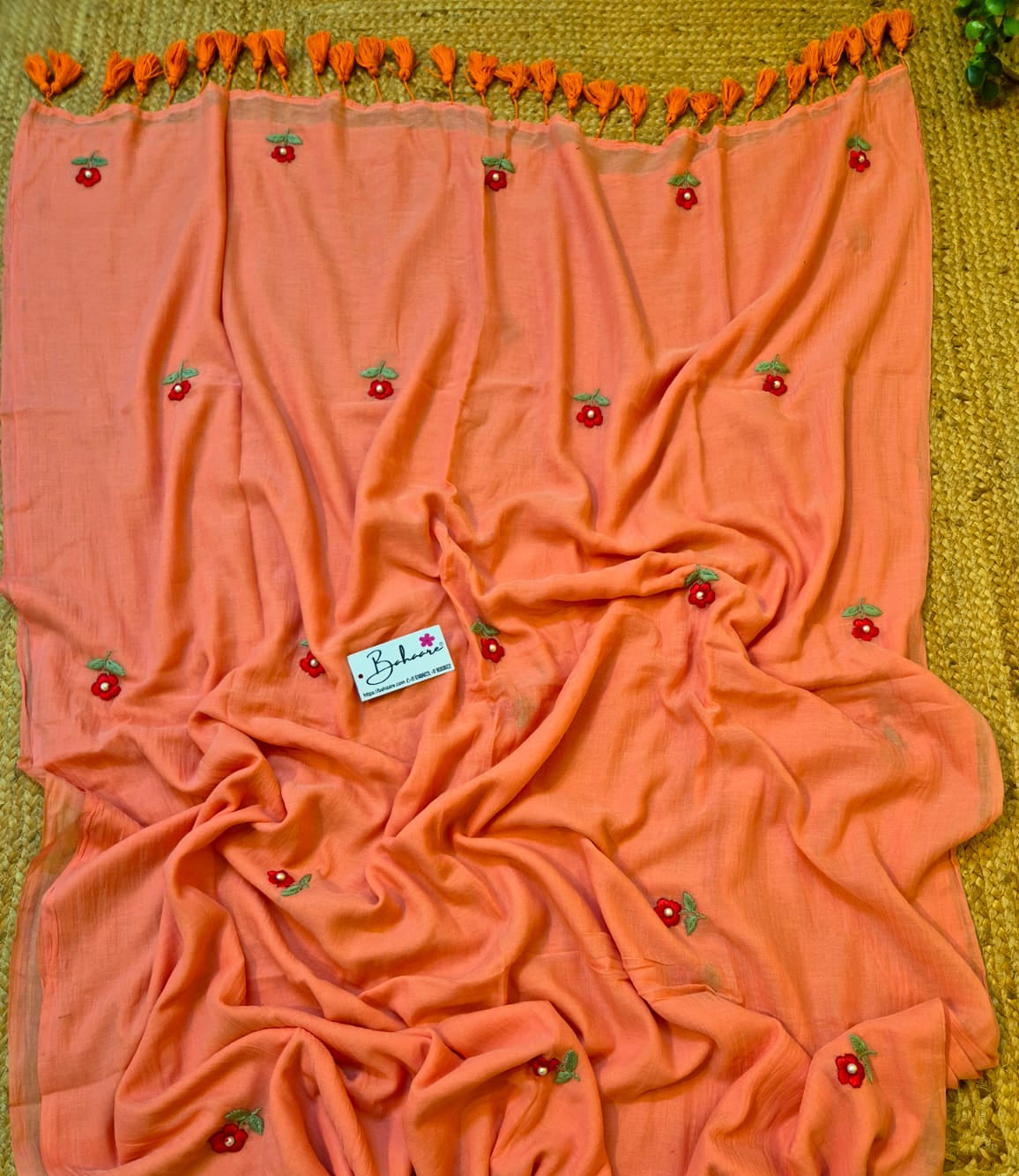 Mohini | Peachy Coral Mul Mul Cotton Saree with Hand Embroidery