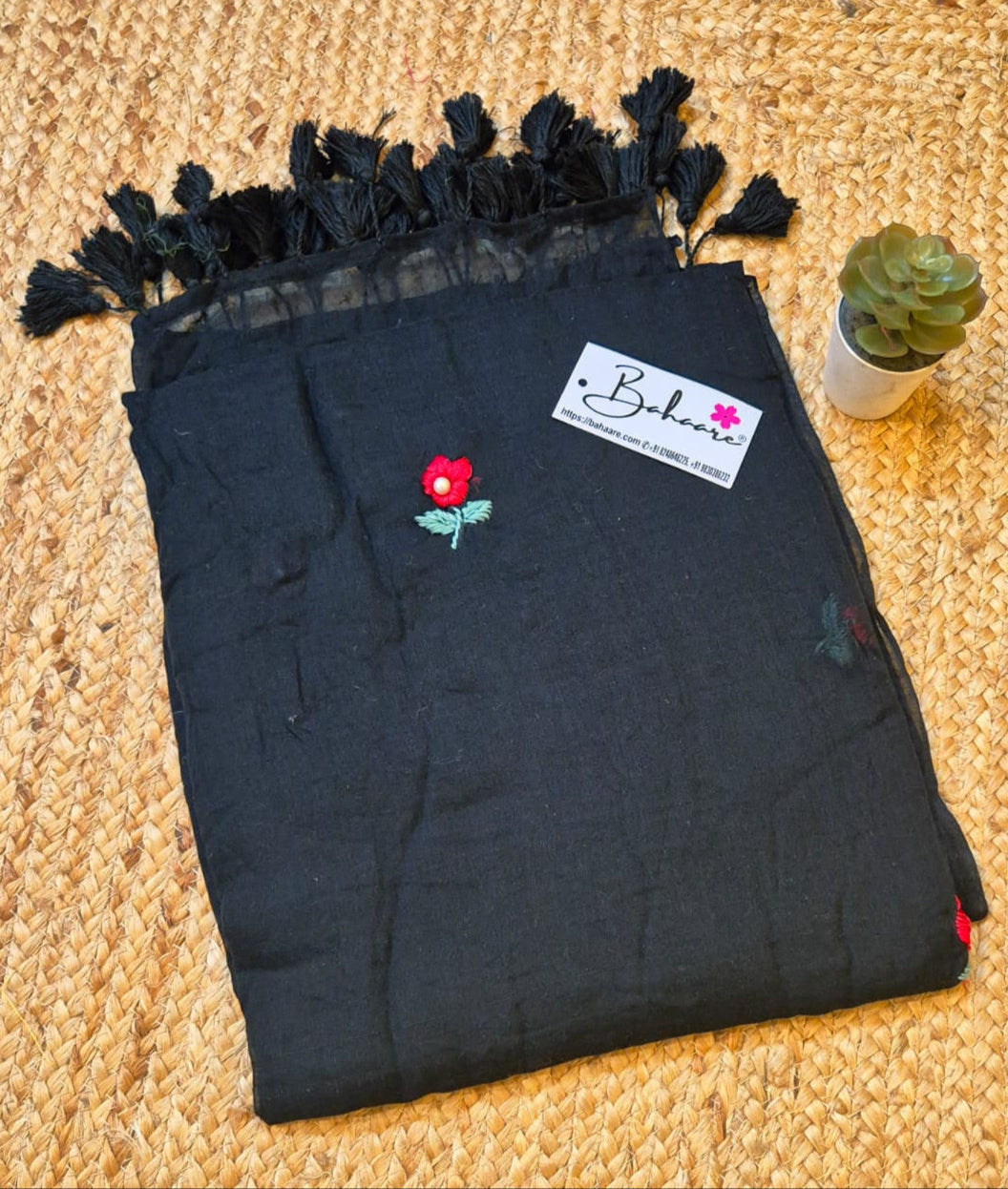 Mohini | Midnight Black Mul Mul Cotton Saree with Hand Embroidery