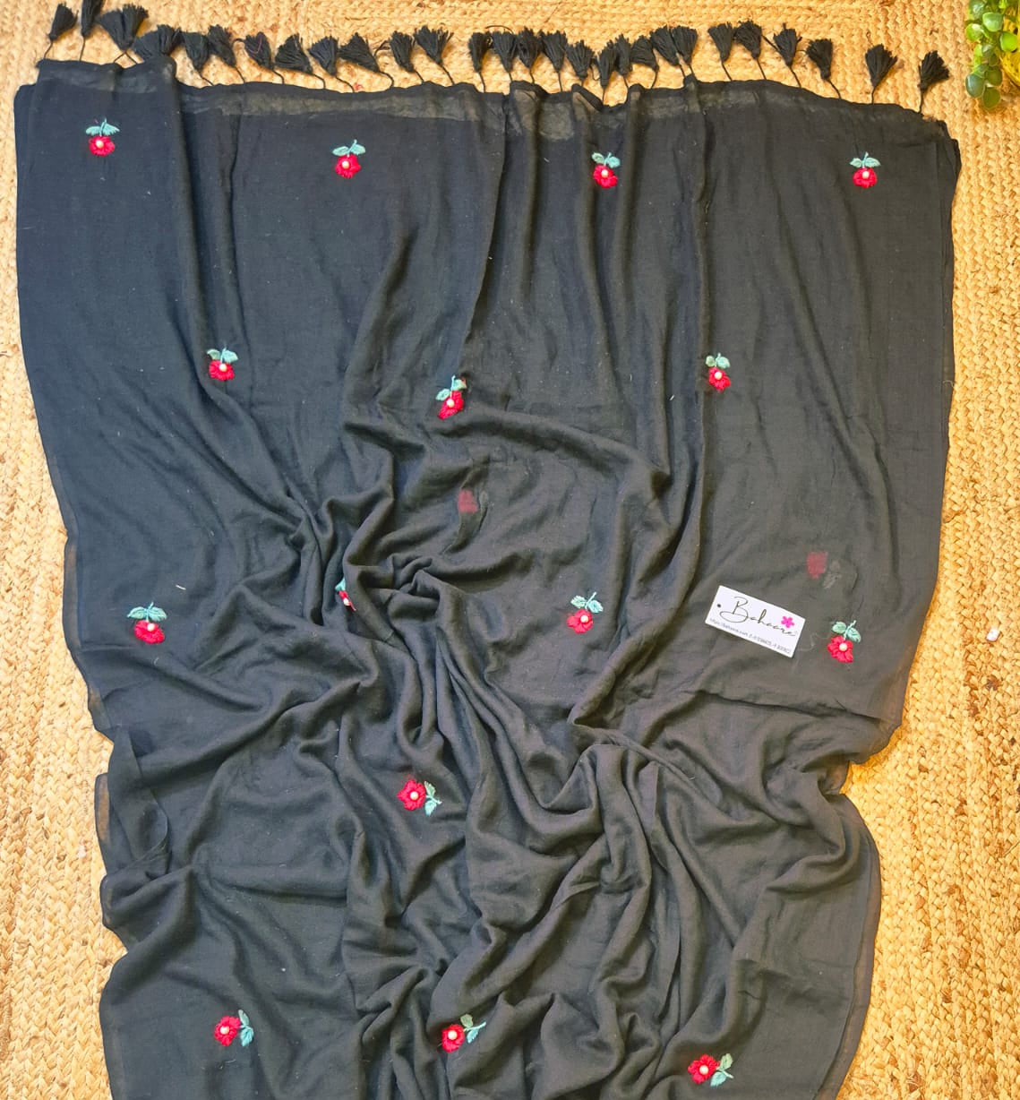 Mohini | Midnight Black Mul Mul Cotton Saree with Hand Embroidery