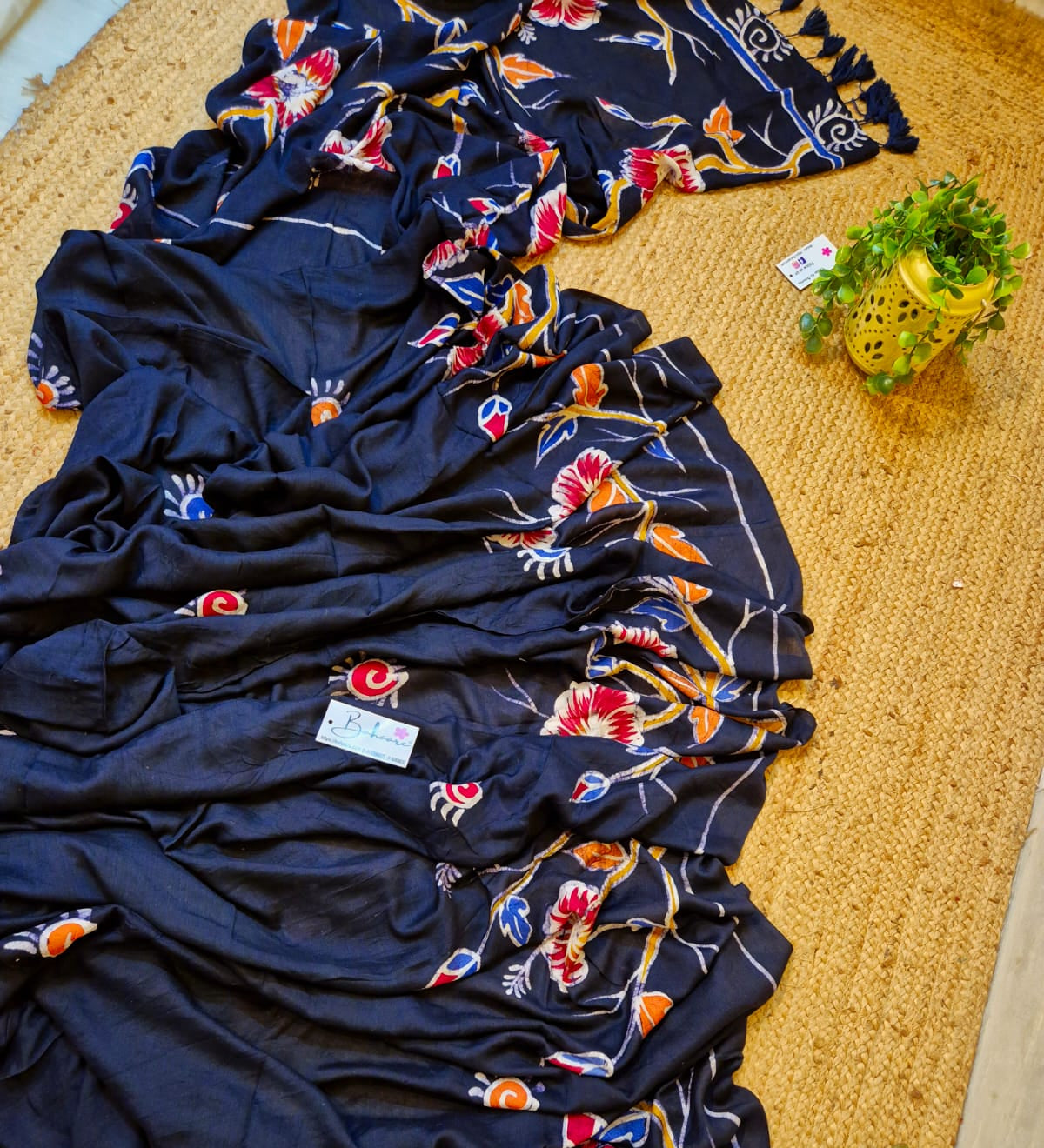 Cotton Galleria | Charcoal Black Crack Batik Premium Cotton Modal Saree