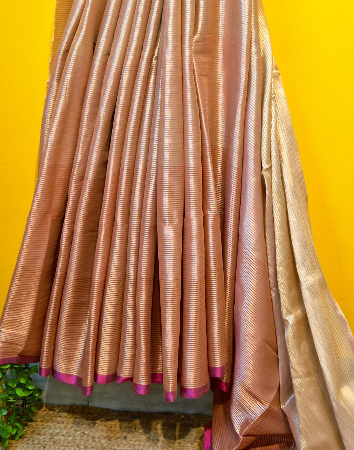 Megha | Light Bronze Tissue Saree with Magenta Border