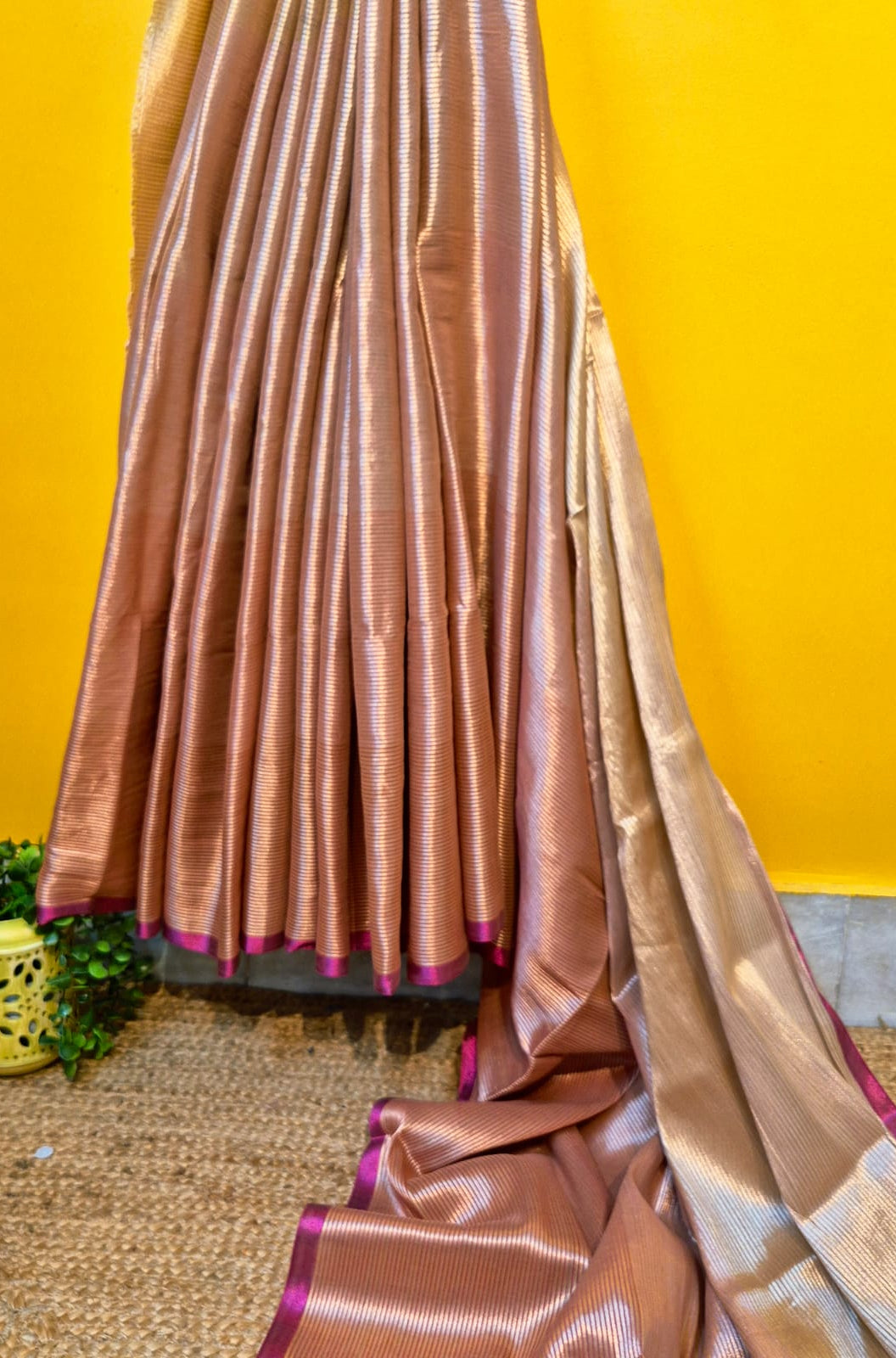 Megha | Light Bronze Tissue Saree with Magenta Border