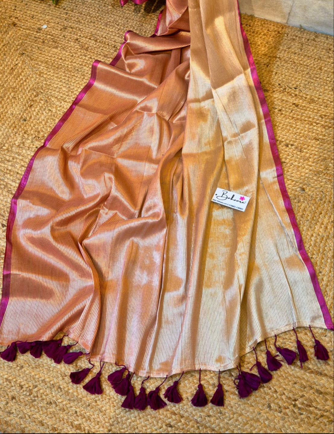 Megha | Light Bronze Tissue Saree with Magenta Border