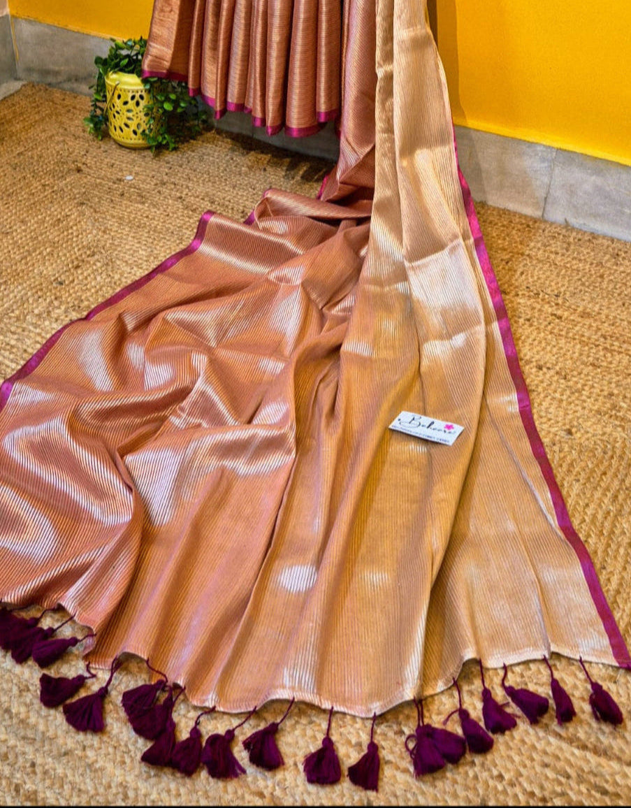 Megha | Light Bronze Tissue Saree with Magenta Border