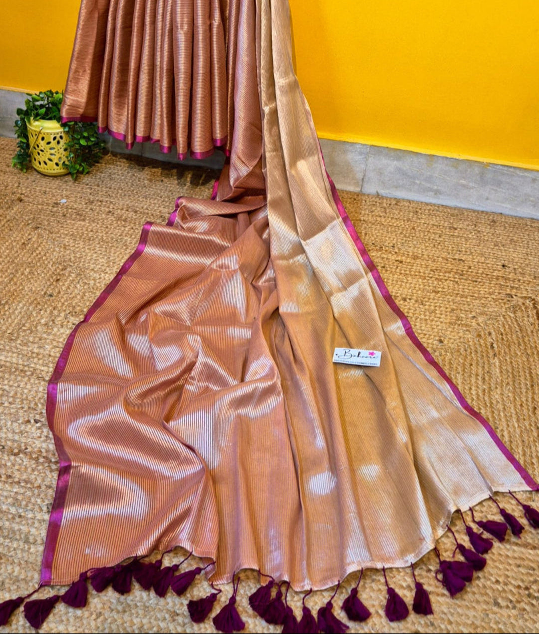 Megha | Light Bronze Tissue Saree with Magenta Border