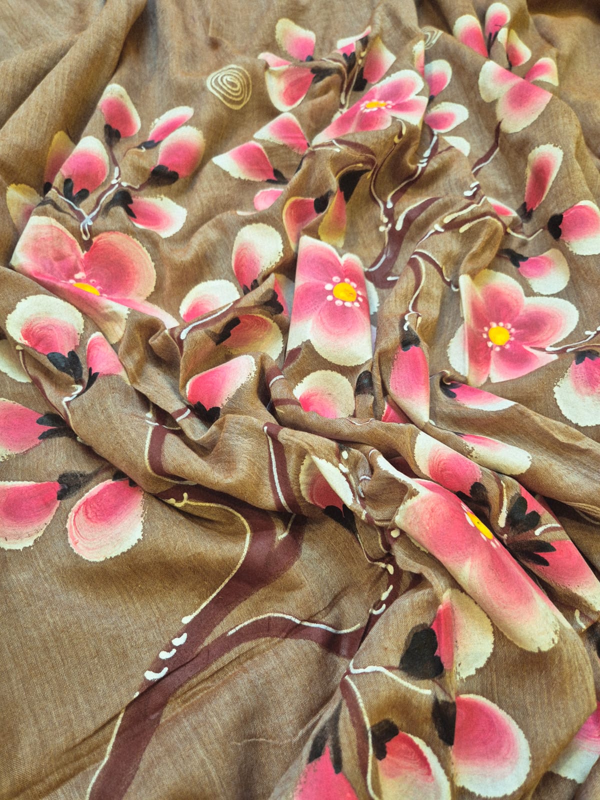 Exotic Cherry Blossom | Cinnamon Dust Mul Mul Cotton Saree