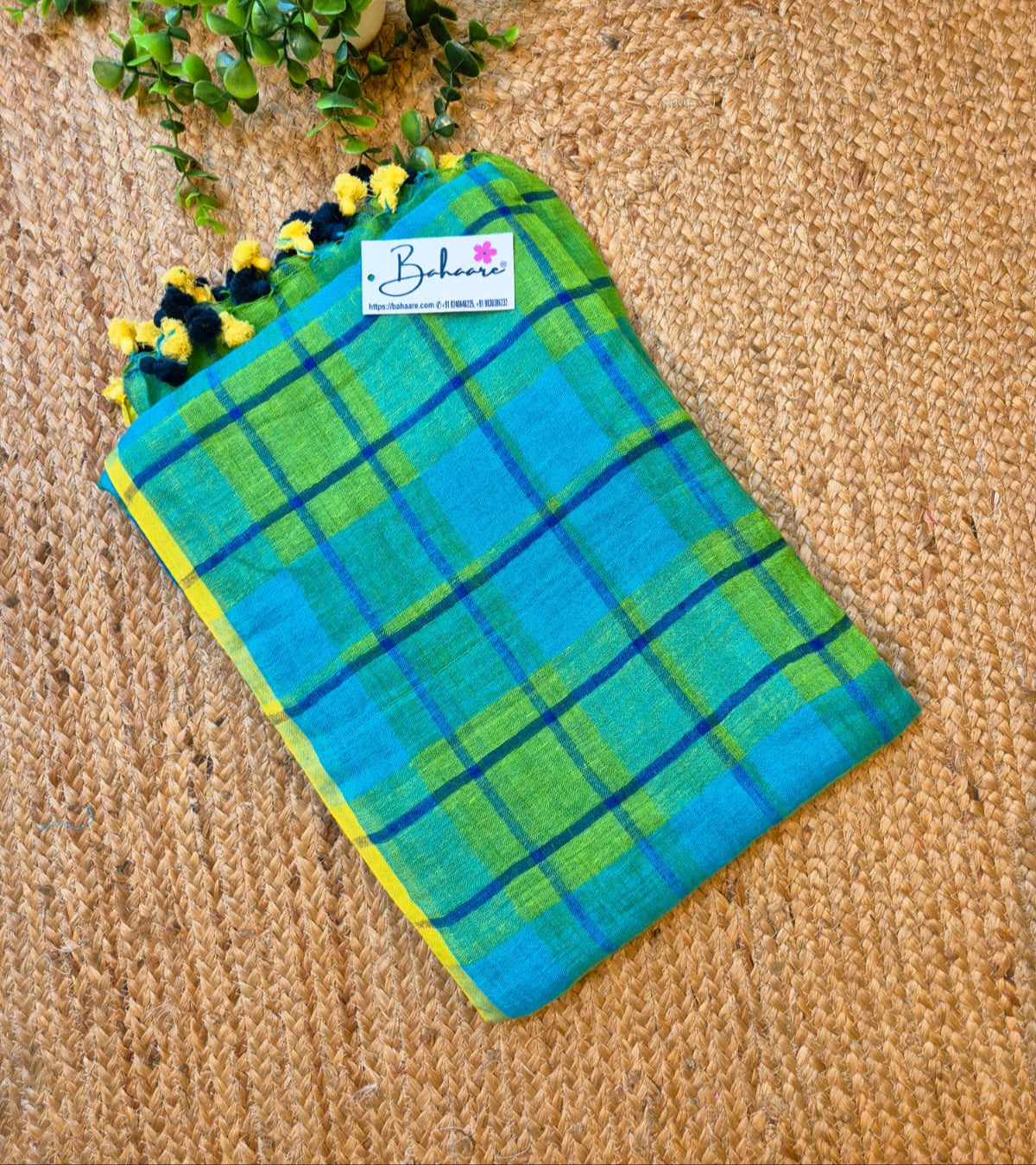 Woodland Whispers | Turquoise Blue Jayshree Linen Saree with Blue Check