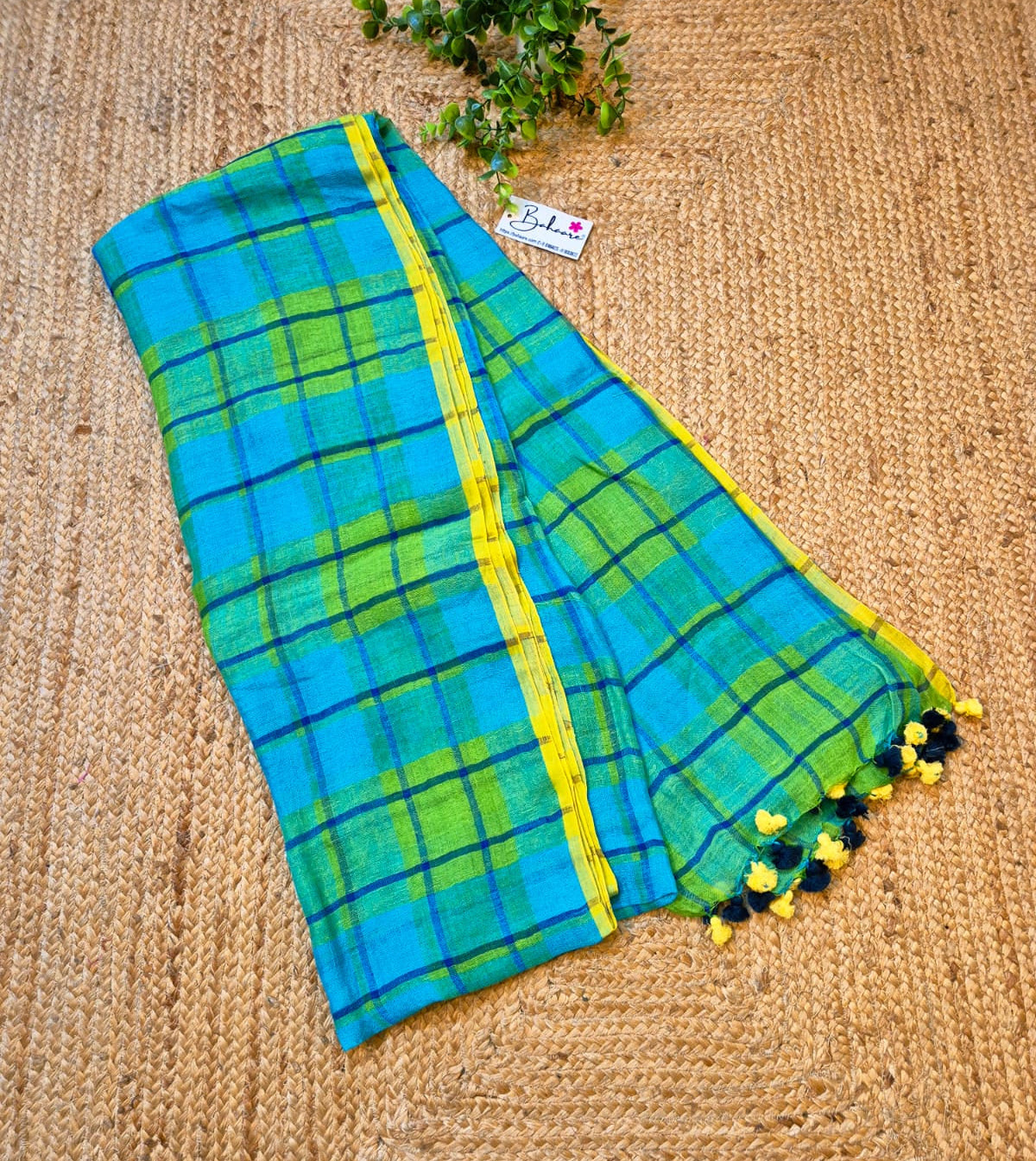 Woodland Whispers | Turquoise Blue Jayshree Linen Saree with Blue Check