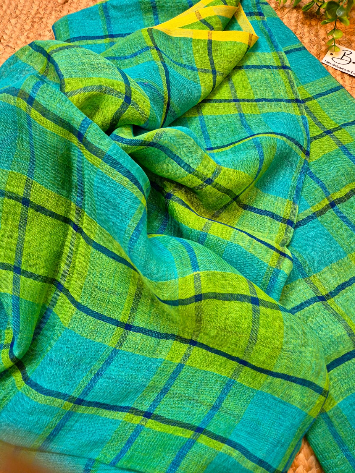 Woodland Whispers | Turquoise Blue Jayshree Linen Saree with Blue Check