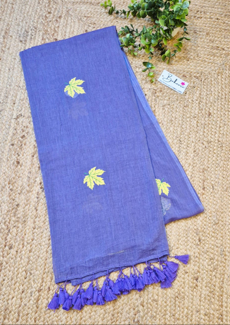 Mohini | Iris Lavender Mul Mul Cotton Saree with Leaf Embroidery
