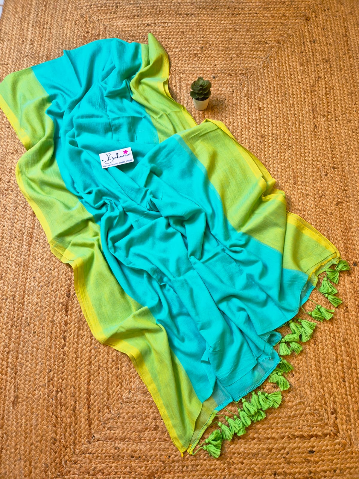 Mohini | Aqua marine Mul Mul Cotton Saree with Neon Green Border