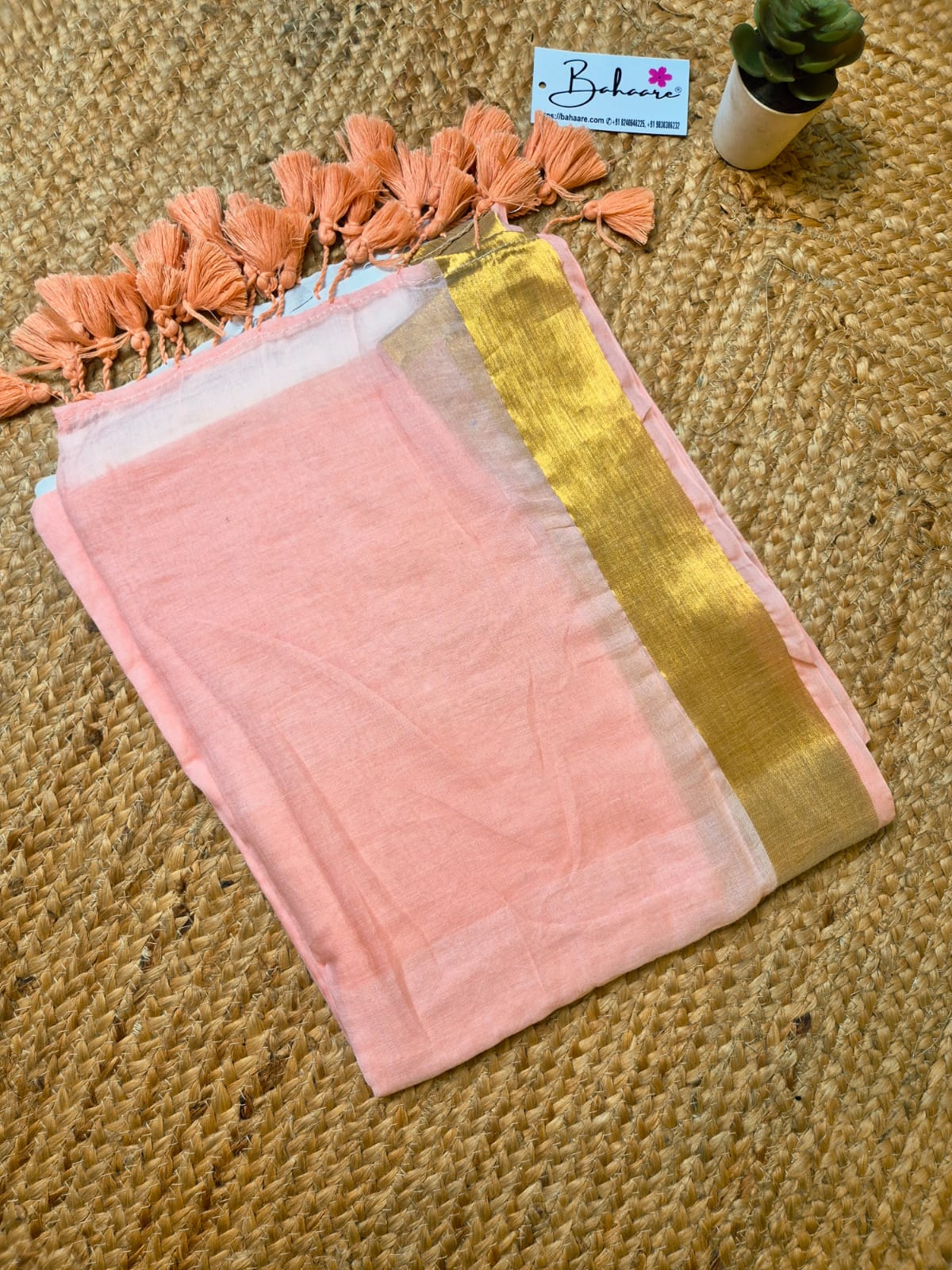 Noor | Light Peach and Off White Mul Mul Cotton Saree with Golden Zari Border