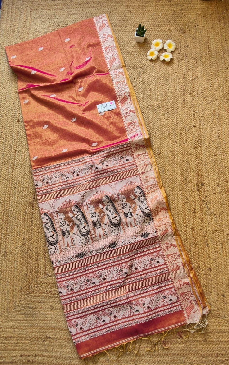 Afreen | Metallic Orange Baluchori Tissue Silk Saree