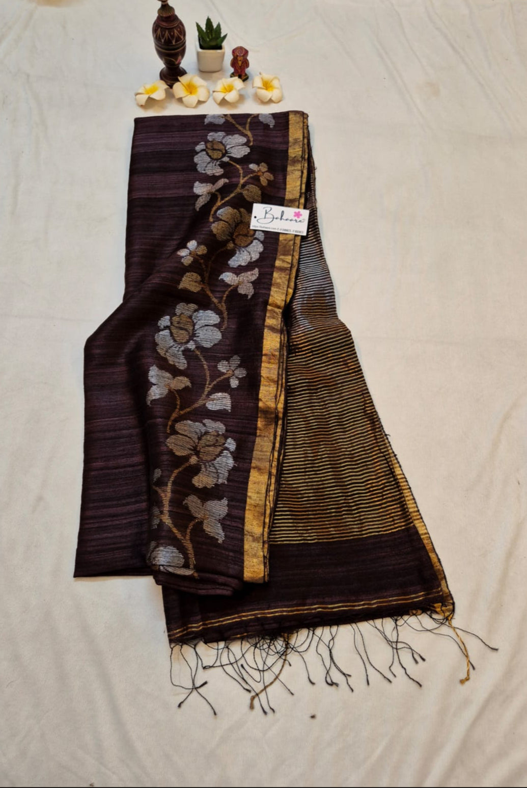 Samhita | Chocolate Brown Pure Matka Silk with Golden Zari Border Handwoven Jamdani Saree