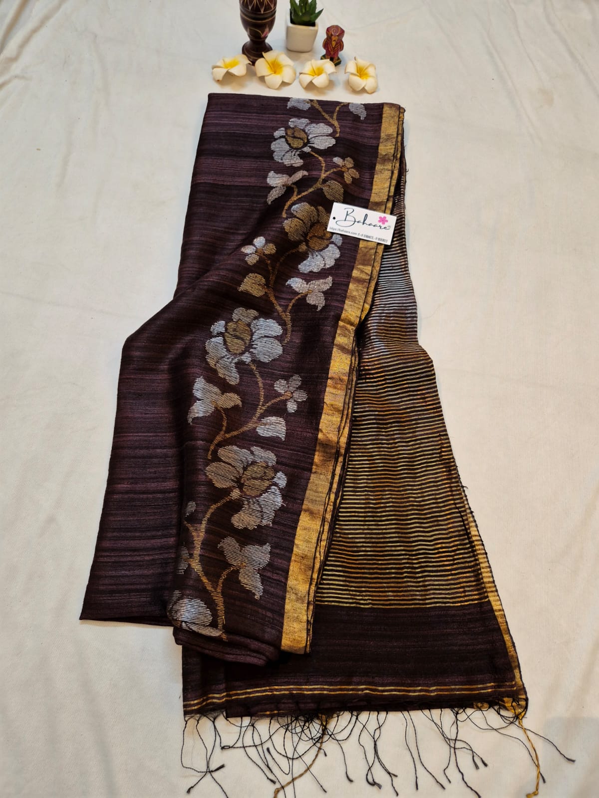 Samhita | Chocolate Brown Pure Matka Silk with Golden Zari Border Handwoven Jamdani Saree