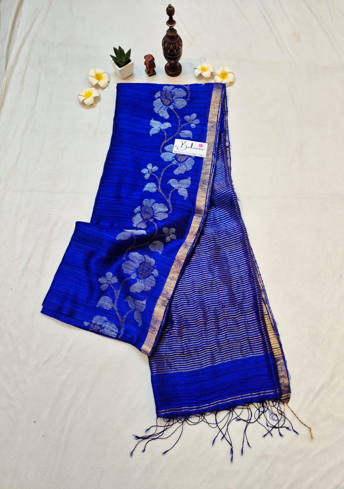 Samhita | Royal Blue Pure Matka Silk with Golden Zari Border Handwoven Jamdani Saree