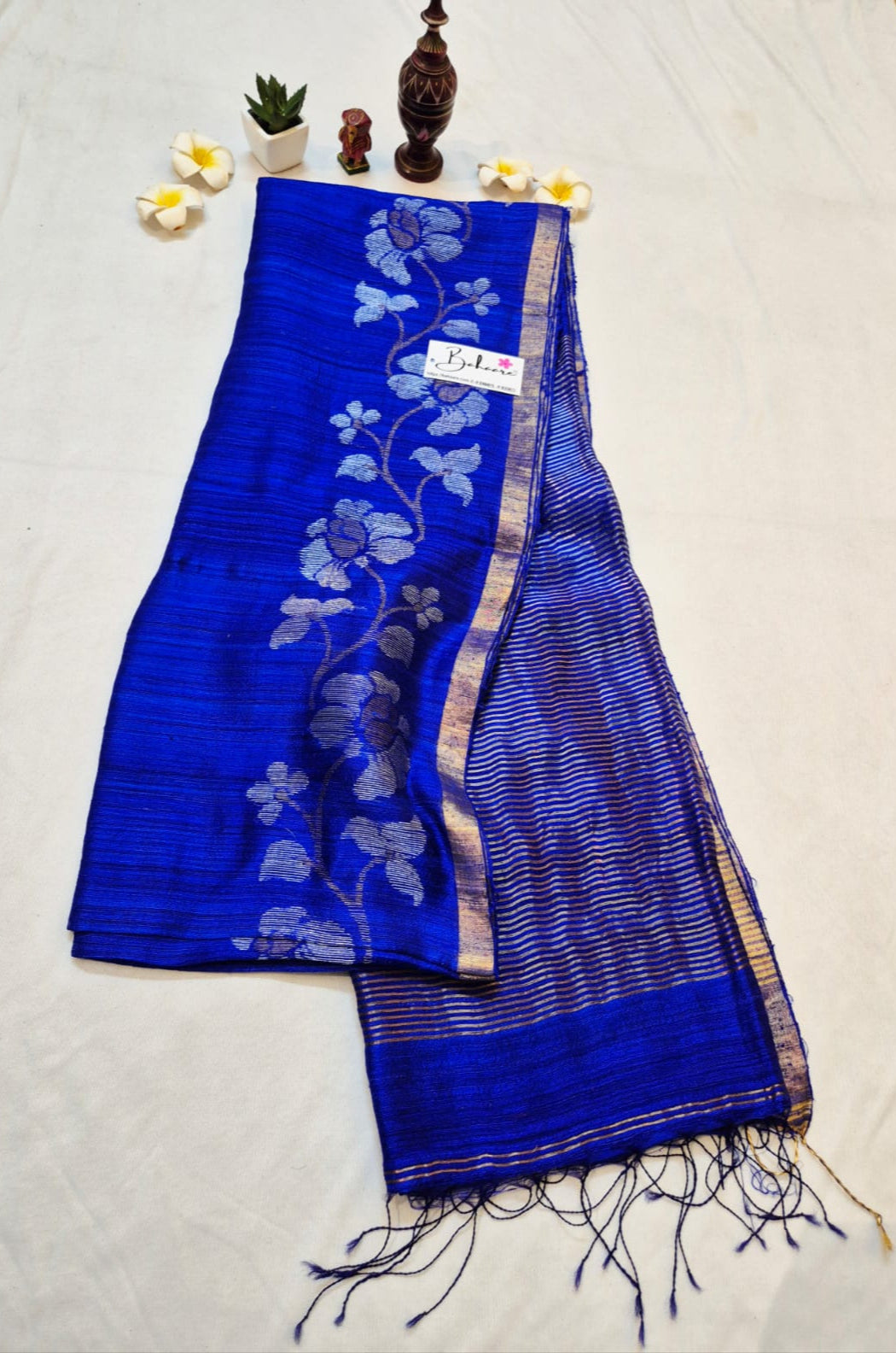 Samhita | Royal Blue Pure Matka Silk with Golden Zari Border Handwoven Jamdani Saree
