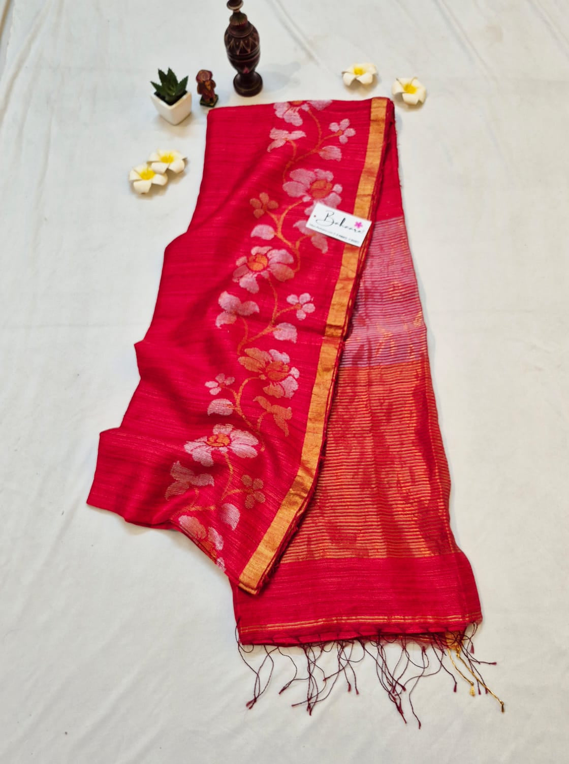 Samhita | Ruby Red Pure Silk with Golden Zari Border Handwoven Jamdani Saree