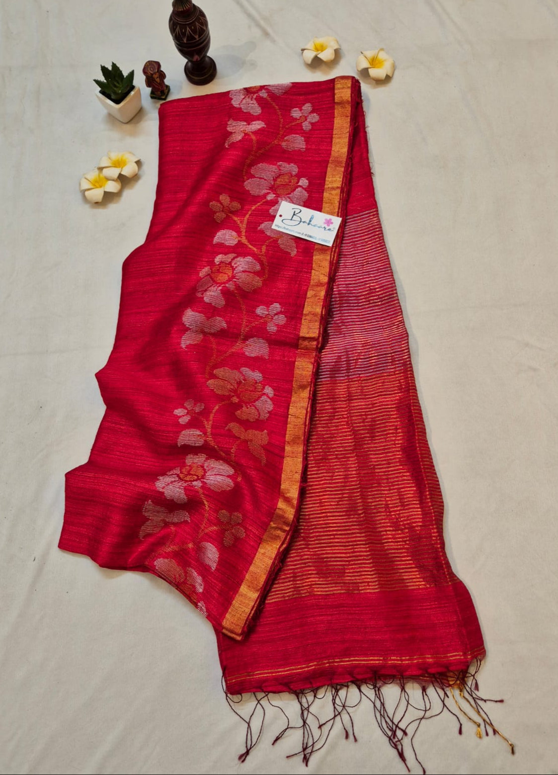 Samhita | Ruby Red Pure Silk with Golden Zari Border Handwoven Jamdani Saree