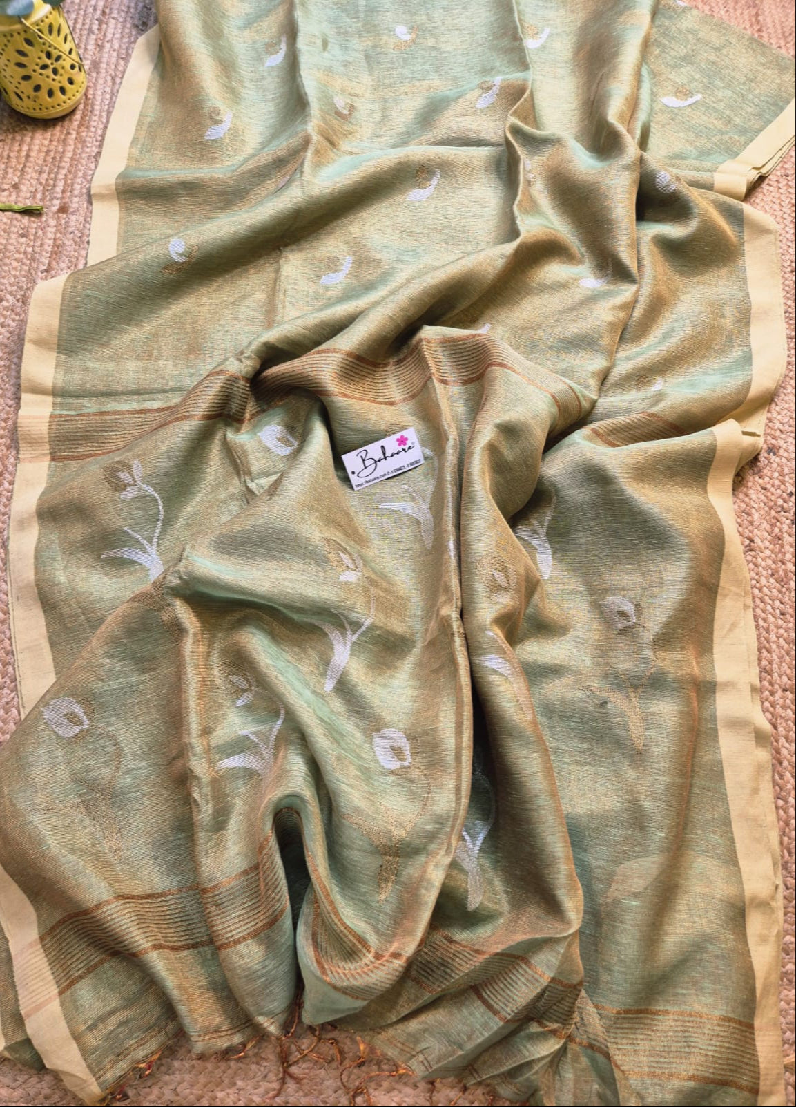 Springtime Serenity | Metallic Green Tissue Linen Saree