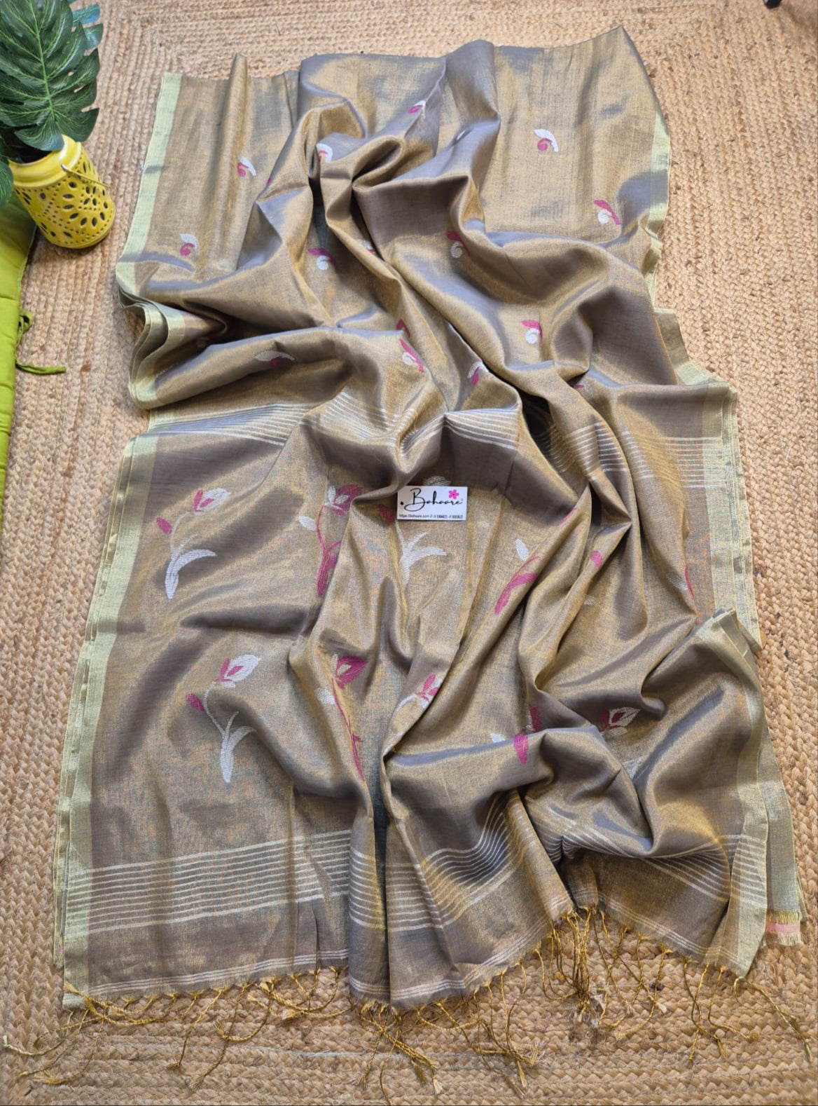 Springtime Serenity | Cool Grey Tissue Linen Saree