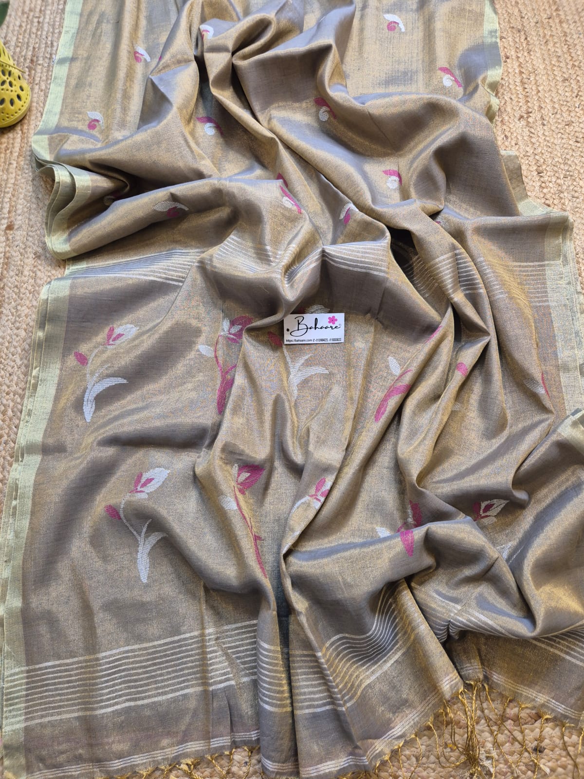 Springtime Serenity | Cool Grey Tissue Linen Saree