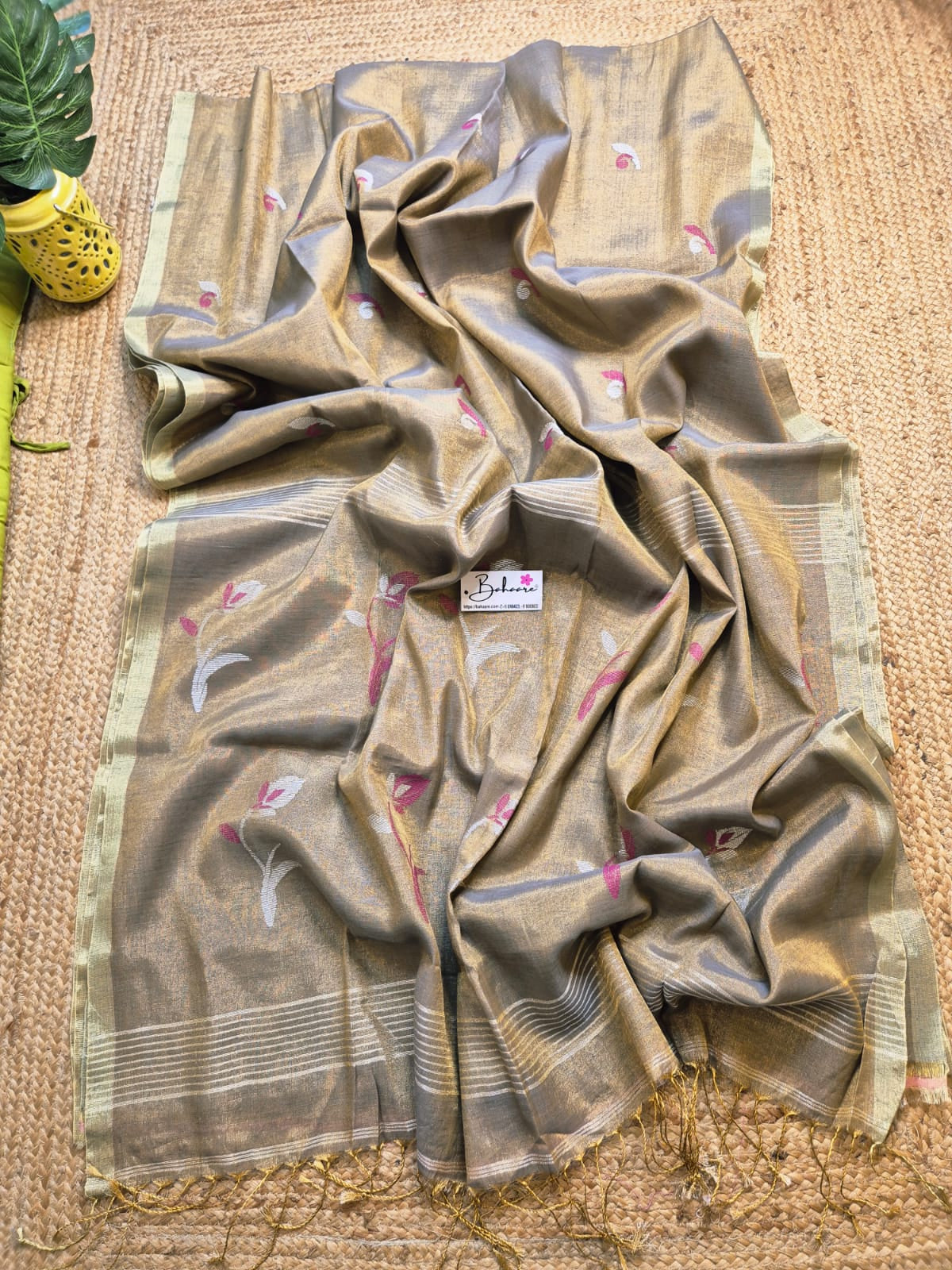 Springtime Serenity | Cool Grey Tissue Linen Saree