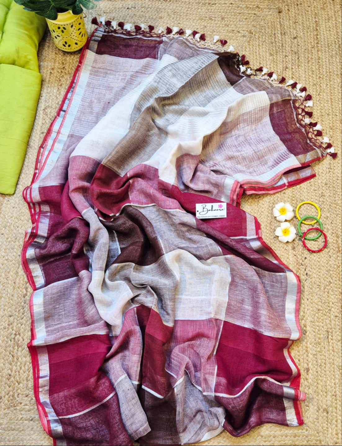 Woodland Whispers | Maroon with Coffee Box Linen By Linen Saree