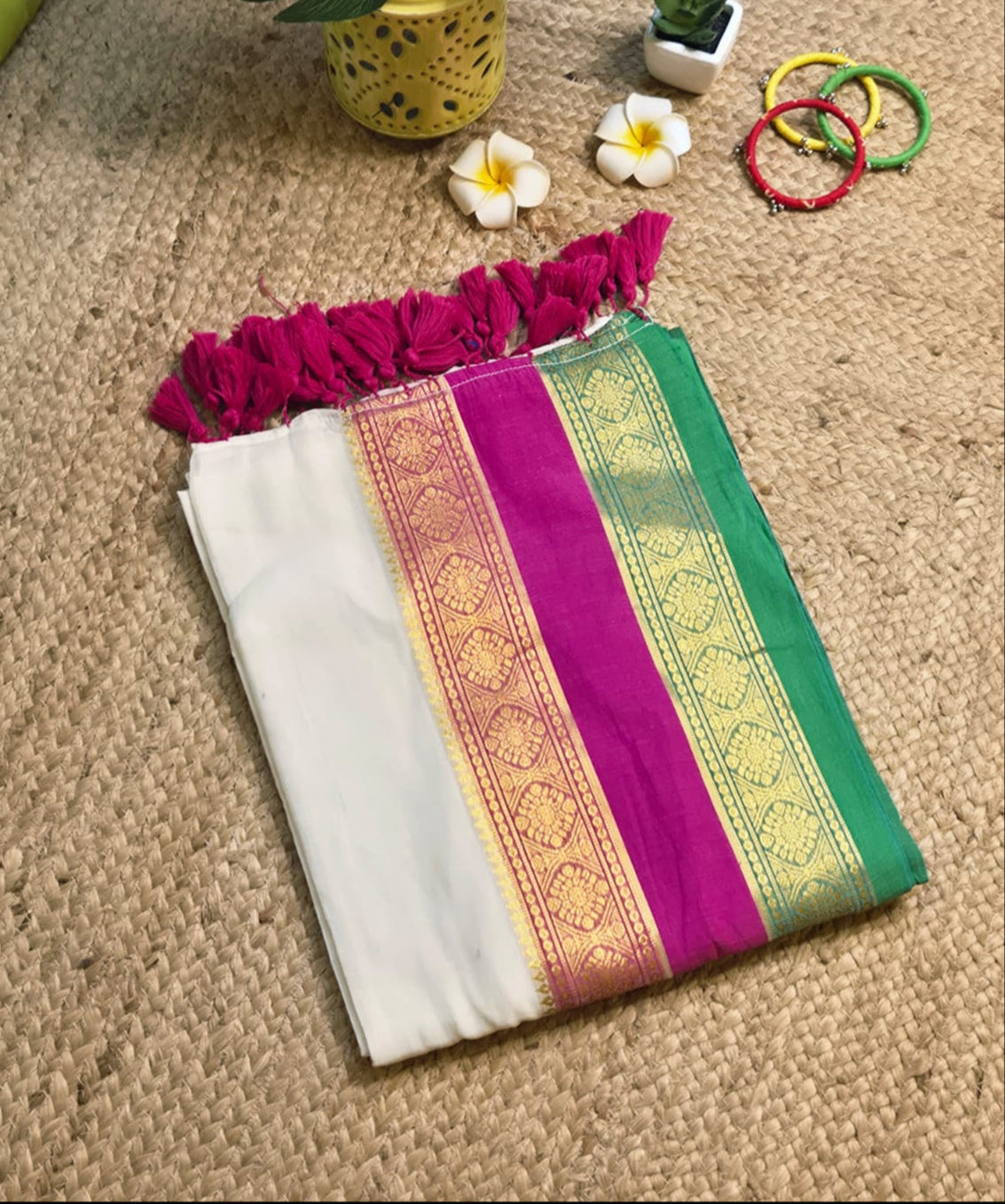 Noor | Dutch White Mul Mul Cotton Saree with Rani Pink and Green Zari Border