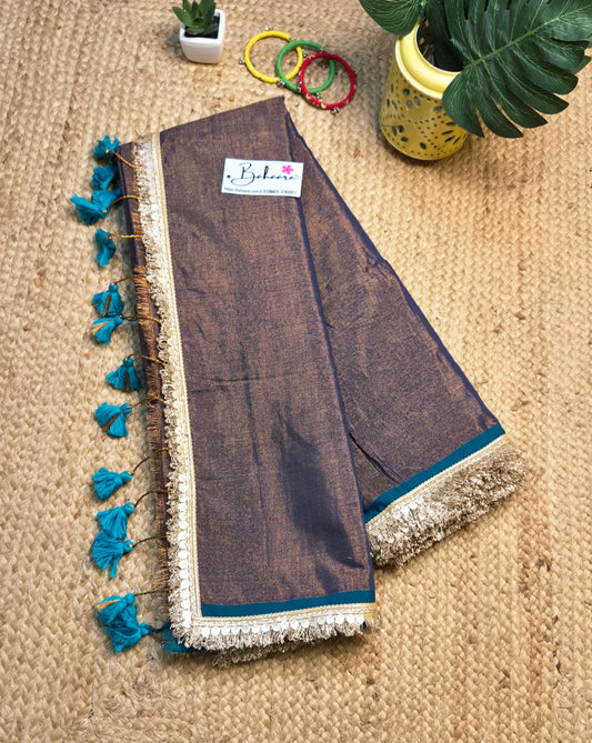 Suhani | Metallic Copper Handloom Tissue Saree with Zari Lace
