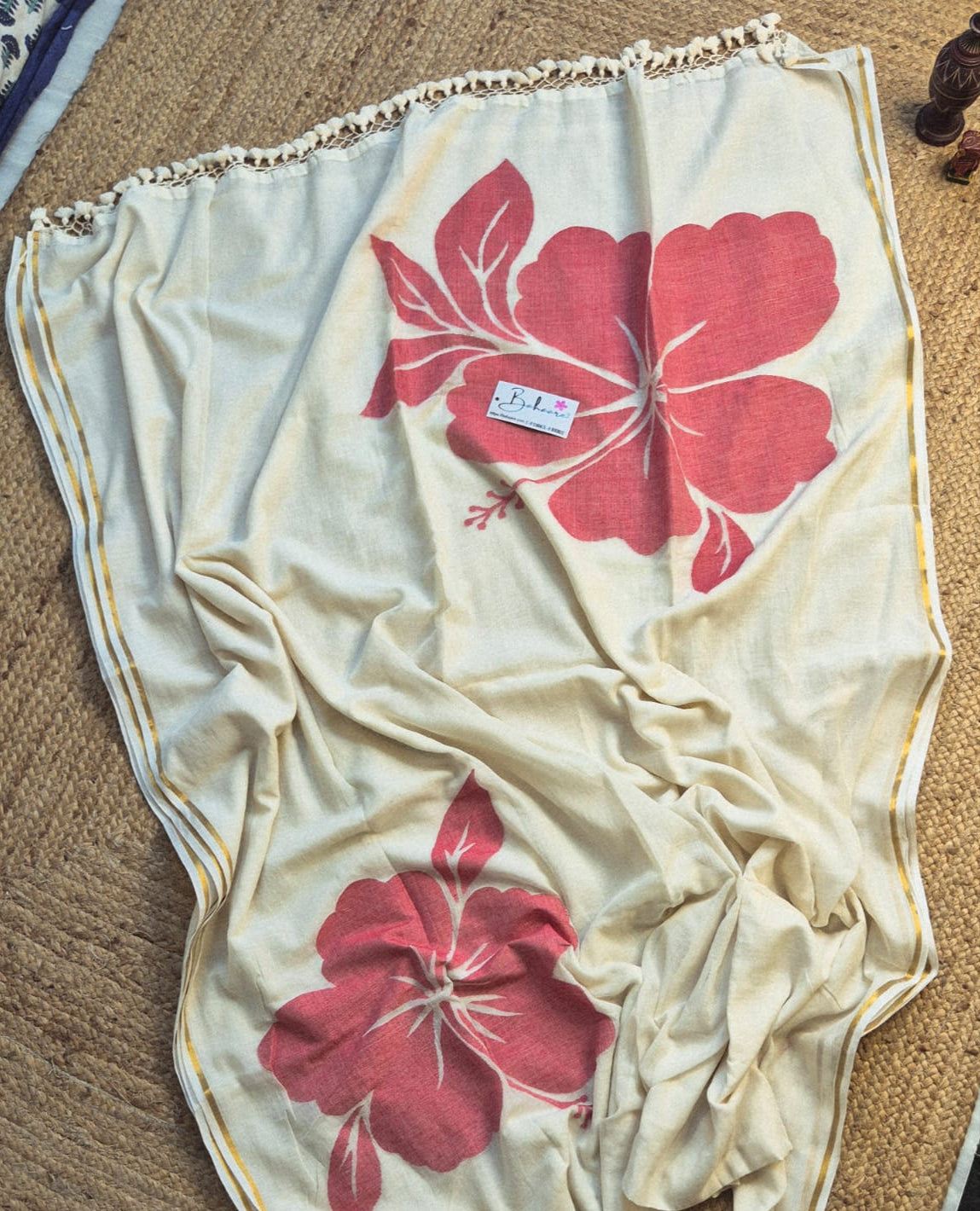 Cotton Galleria | Cream White 120 Count Premium Cotton Saree with Exclusive Flower Motif