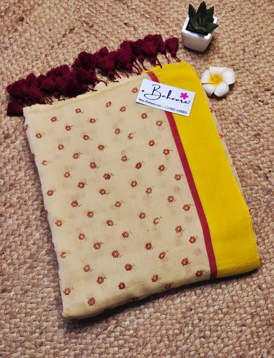 Polka Passion | Tuscan Beige Mul Mul Cotton Saree with Flower Motif