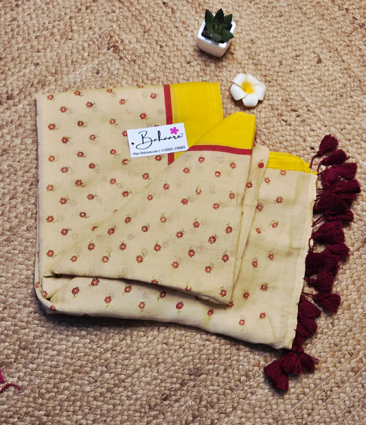 Polka Passion | Tuscan Beige Mul Mul Cotton Saree with Flower Motif