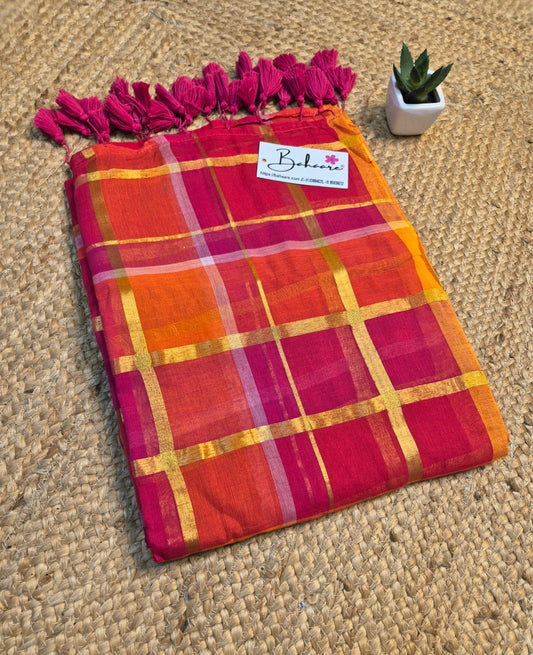 Mohini | Orange Pink Multicoloured Mul Mul Cotton Saree with Zari Check Border